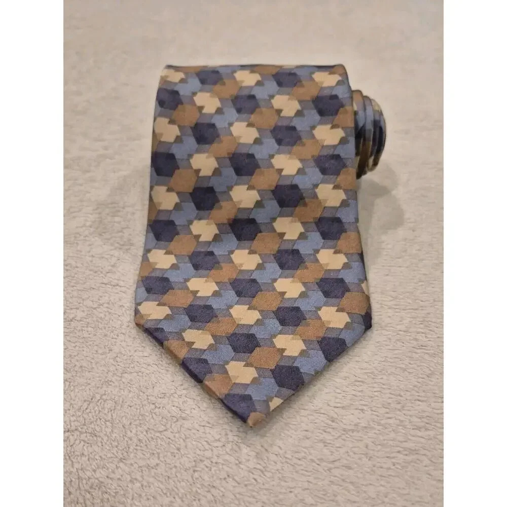 DKNY Designer Men Silk Tie Plaid Blue Brown Tan